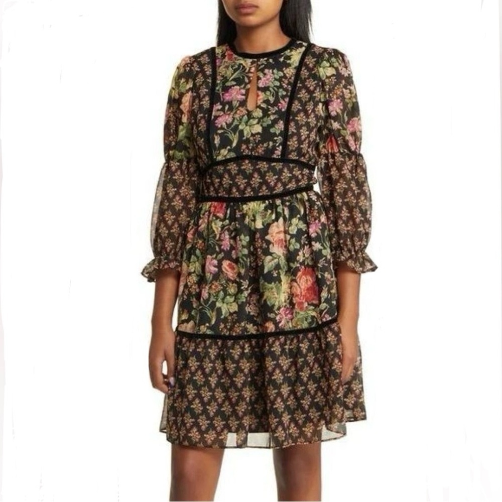 Tahari ASL Black Multicolor Floral Mini Dress Velvet Trim
